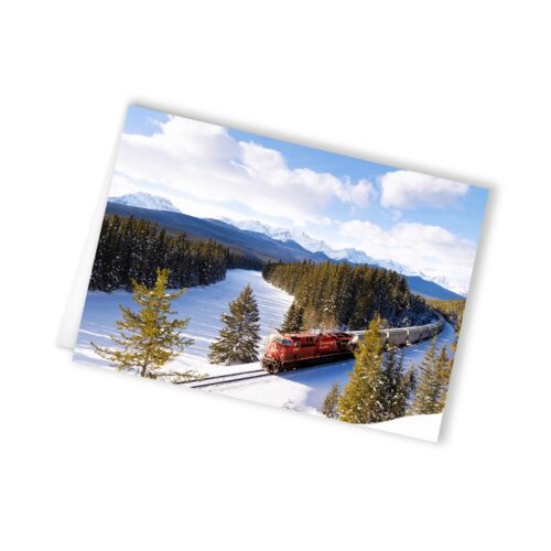 train cards, winter greeting cards, train art, wholesale greeting cards Canada, rockies card, greeting cards canada, canadian christmas cards, greeting from canada, Canada greeting cards, mountain greeting cards, Calgary wildlife photographer, Canadian nature photographers, nature photographs for sale, blank greeting card with envelope, 5x7 greeting card, note cards,