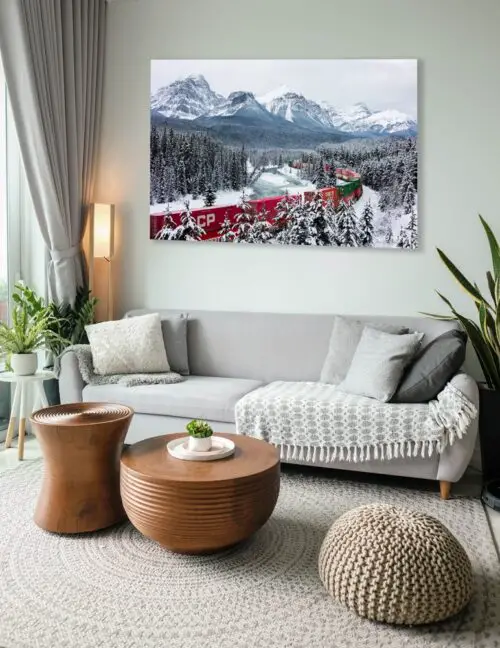 mountain photography prints, photography wall art, art print, Bow Valley Parkway, train art