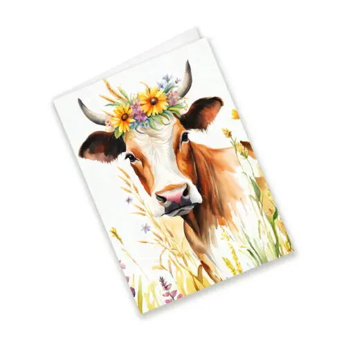 Cow with Flower Crown Watercolour Card