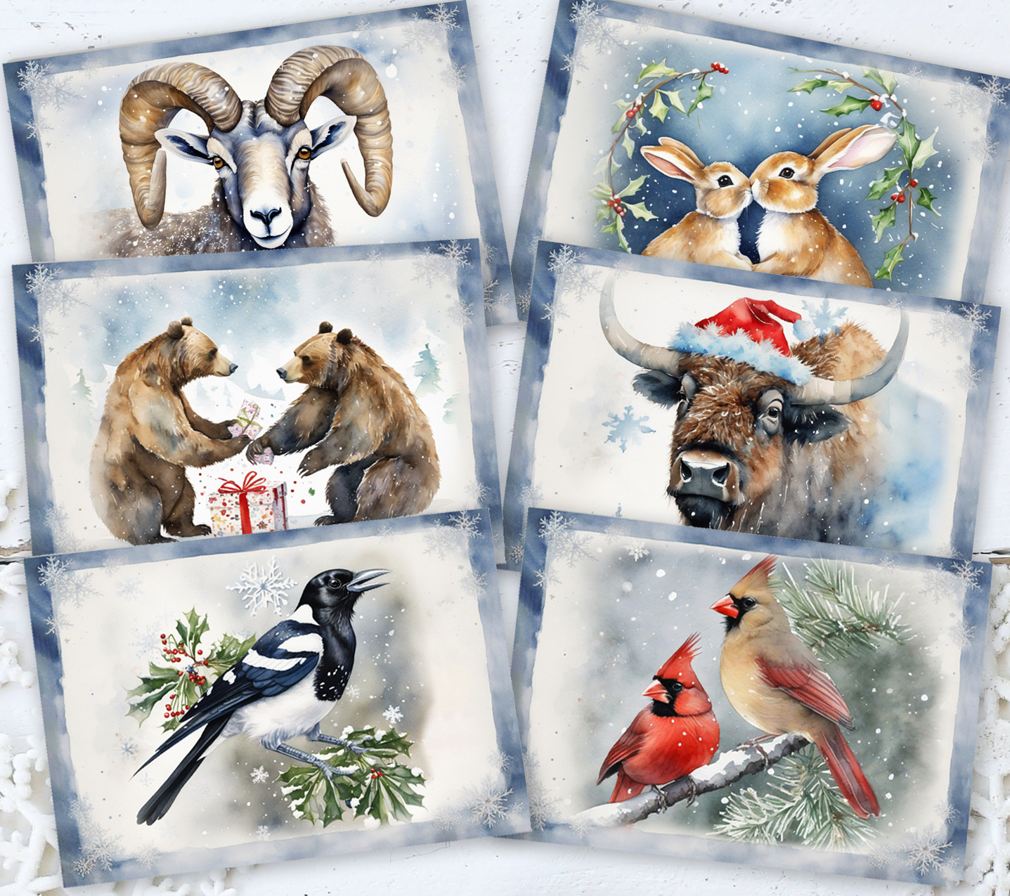 [Set of 6] Wildlife Christmas Cards I Landscape Style Mountains and