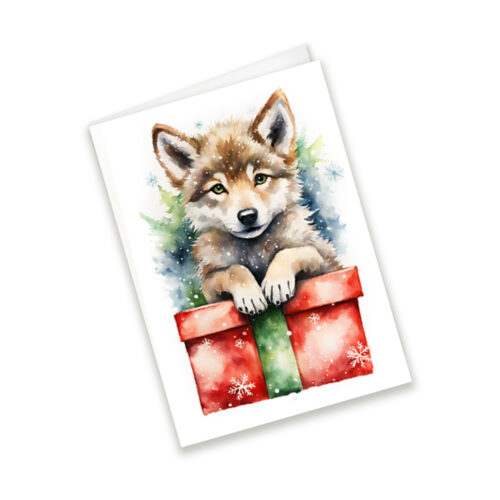 Christmas Wolf Pup Watercolour Card